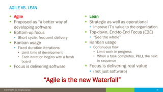35© 2019 IDERA, Inc. All rights reserved.
AGILE VS. LEAN
▪ Agile
▪ Proposed as “a better way of
developing software
▪ Bottom-up focus
• Short cycle, frequent delivery
▪ Kanban usage
• Fixed duration iterations
• Limit time of development
• Each iteration begins with a fresh
board
▪ Focus is delivering software
▪ Lean
▪ Strategic as well as operational
• Improve IT’s value to the organization
▪ Top-down, End-to-End Focus (E2E)
• “See the whole”
▪ Kanban usage
• Continuous flow
• Limit work-in-progress
• When a task completes, PULL the next
in sequence
▪ Focus is delivering real value
• (not just software)
“Agile is the new Waterfall”
 
