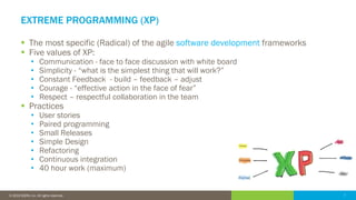 7© 2016 IDERA, Inc. All rights reserved. Proprietary and confidential. 7© 2019 IDERA, Inc. All rights reserved.
EXTREME PROGRAMMING (XP)
▪ The most specific (Radical) of the agile software development frameworks
▪ Five values of XP:
• Communication - face to face discussion with white board
• Simplicity - “what is the simplest thing that will work?”
• Constant Feedback - build – feedback – adjust
• Courage - “effective action in the face of fear”
• Respect – respectful collaboration in the team
▪ Practices
• User stories
• Paired programming
• Small Releases
• Simple Design
• Refactoring
• Continuous integration
• 40 hour work (maximum)
 
