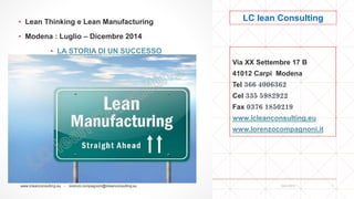▪ Lean Thinking e Lean Manufacturing
▪ Modena : Luglio – Dicembre 2014
▪ LA STORIA DI UN SUCCESSO
Via XX Settembre 17 B
41012 Carpi Modena
Tel 366 4006362
Cel 335 5982922
Fax 0376 1850219
www.lcleanconsulting.eu
www.lorenzocompagnoni.it
10/01/2015www.lcleanconsulting.eu - lorenzo.compagnoni@lcleanconsulting.eu 1
LC lean Consulting
 