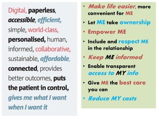• Make life easier, more
convenient for ME
• Let ME take ownership
• Empower ME
• Include and respect ME
in the relationship
• Keep ME informed
• Enable transparent
access to MY info
• Give ME the best care
you can
• Reduce MY costs
 