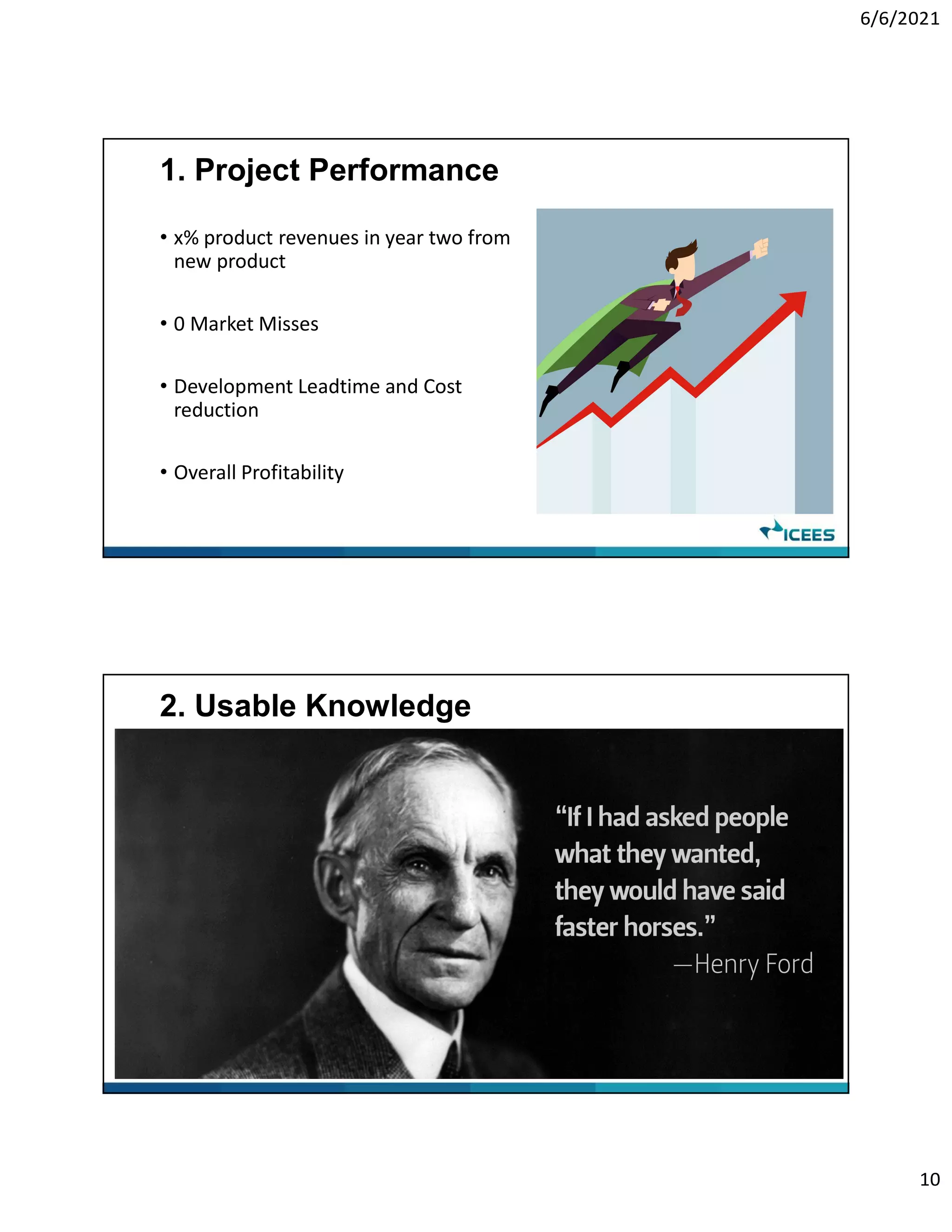 6/6/2021
10
1. Project Performance
• x% product revenues in year two from
new product
• 0 Market Misses
• Development Leadtime and Cost
reduction
• Overall Profitability
2. Usable Knowledge
 