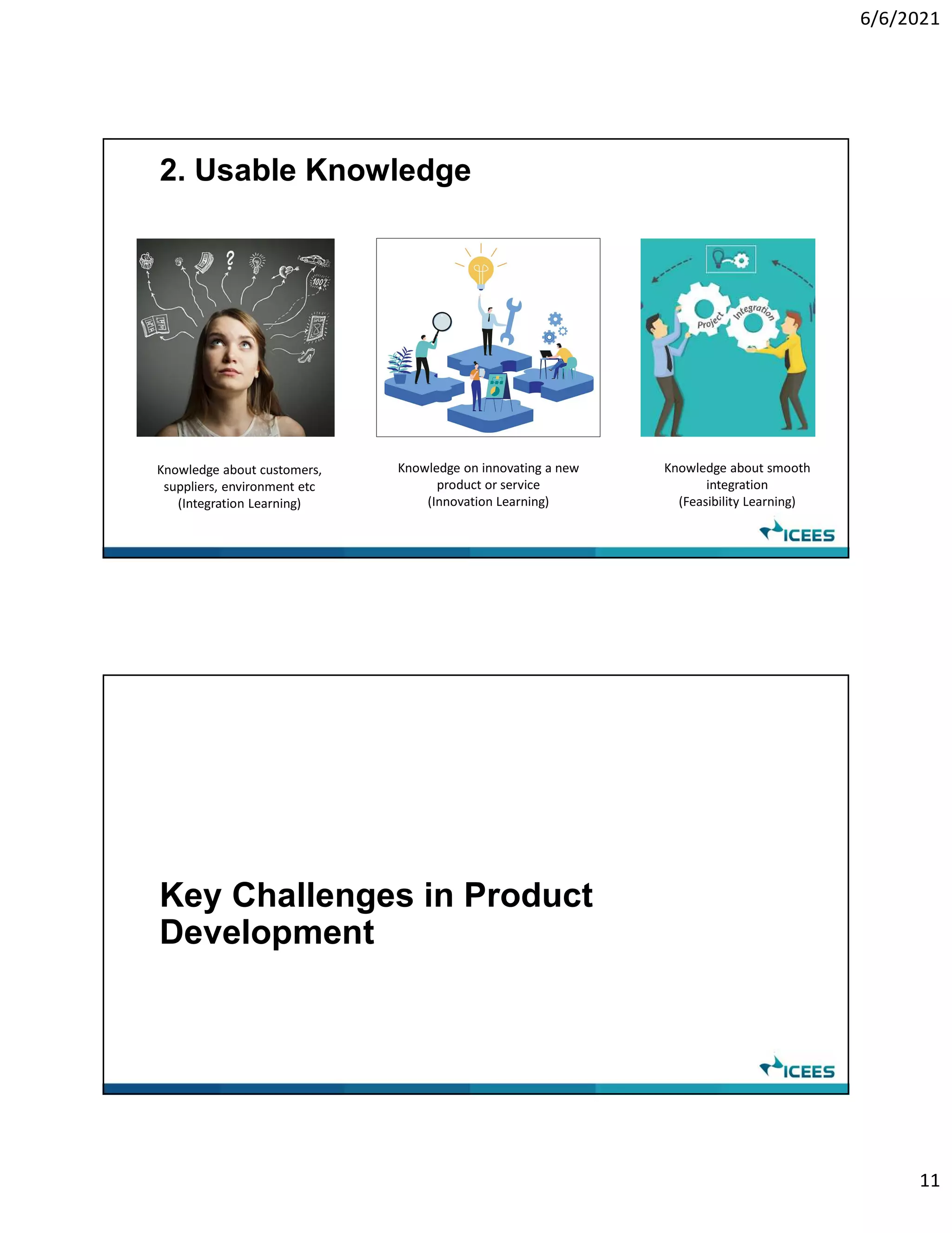 6/6/2021
11
2. Usable Knowledge
Knowledge about customers,
suppliers, environment etc
(Integration Learning)
Knowledge on innovating a new
product or service
(Innovation Learning)
Knowledge about smooth
integration
(Feasibility Learning)
Key Challenges in Product
Development
 