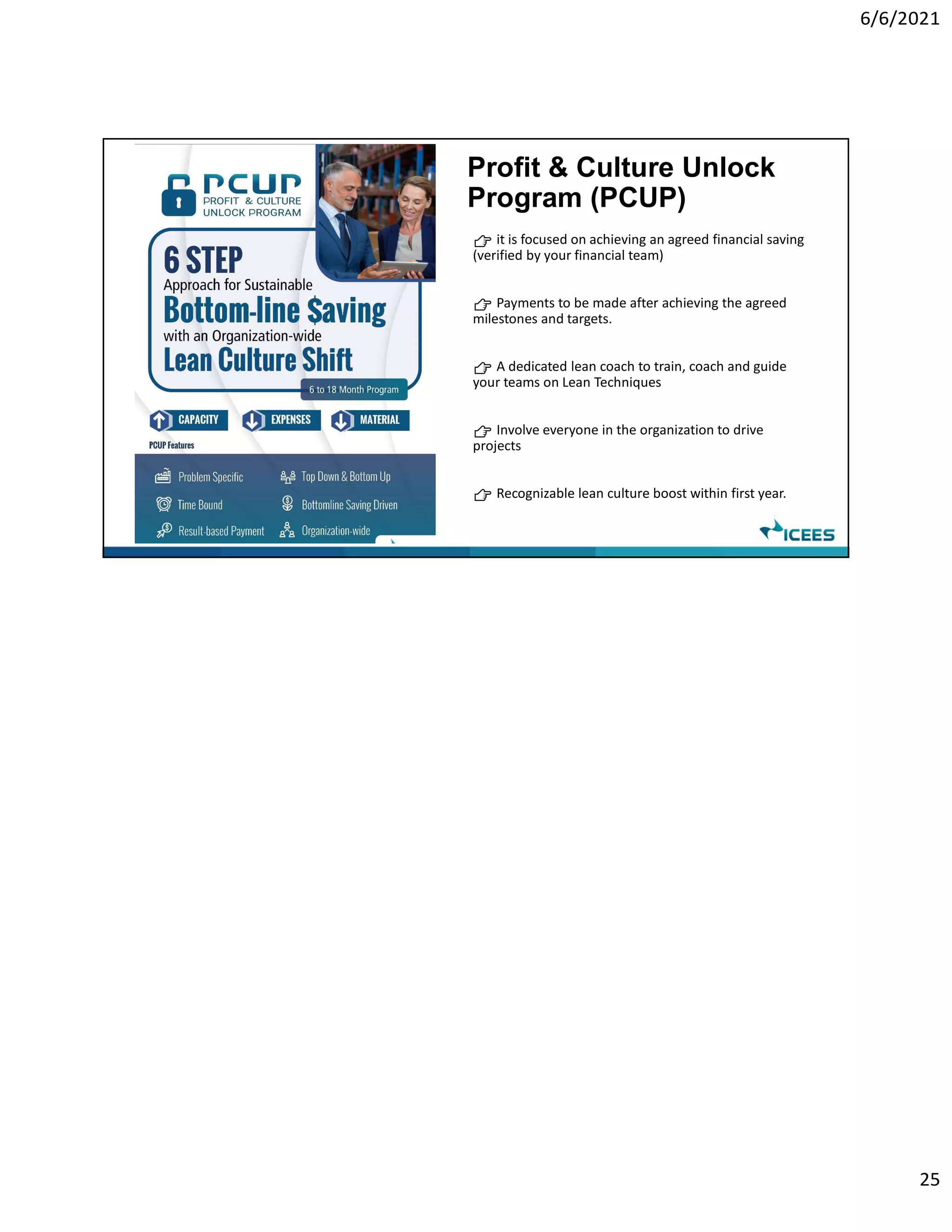 6/6/2021
25
Profit & Culture Unlock
Program (PCUP)
👉 it is focused on achieving an agreed financial saving
(verified by your financial team)
👉 Payments to be made after achieving the agreed
milestones and targets.
👉 A dedicated lean coach to train, coach and guide
your teams on Lean Techniques
👉 Involve everyone in the organization to drive
projects
👉 Recognizable lean culture boost within first year.
 