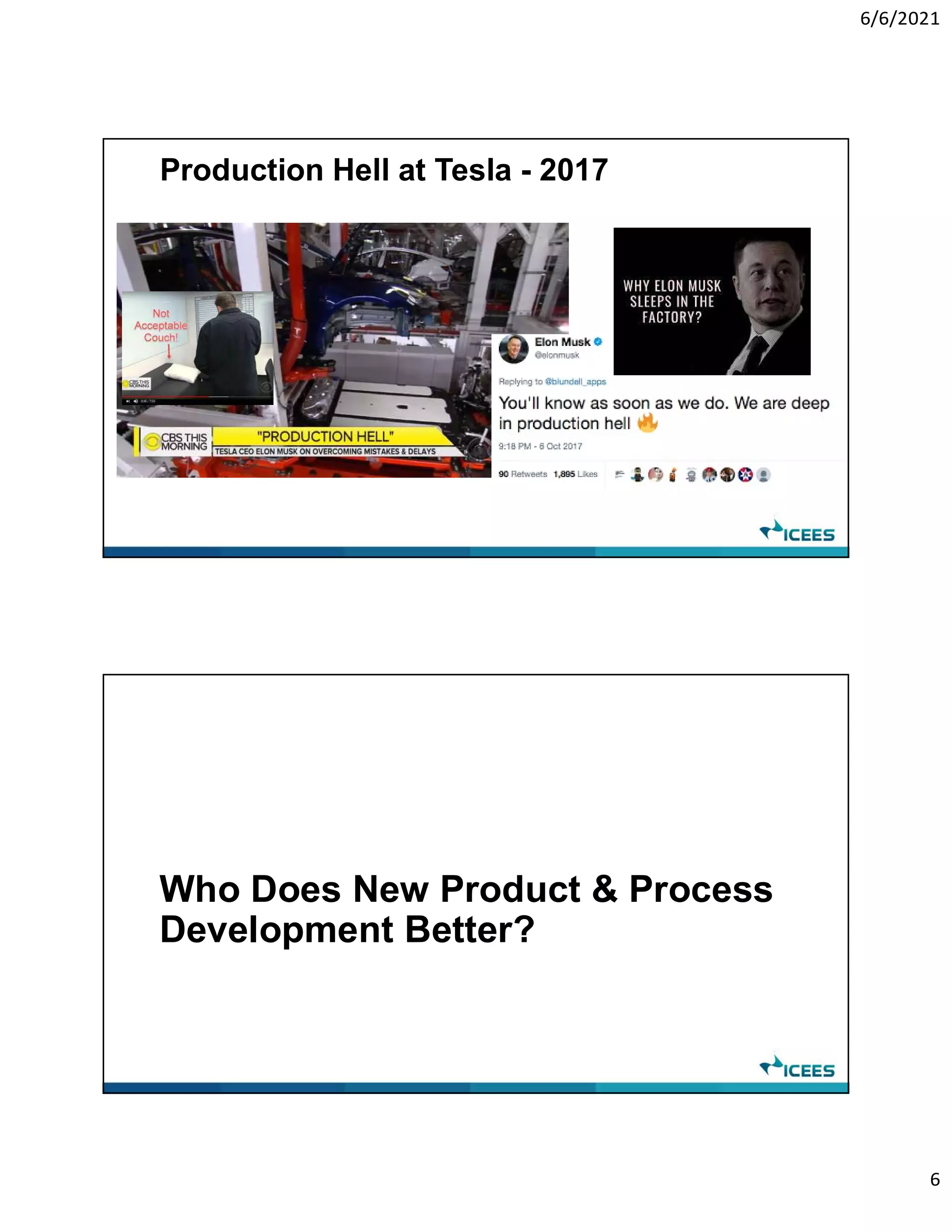 6/6/2021
6
Production Hell at Tesla - 2017
Who Does New Product & Process
Development Better?
 