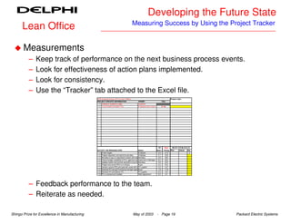 Developing the Future State
                                                                                              Measuring Success by Using the Project Tracker
      Lean Office

       Measurements
          –   Keep track of performance on the next business process events.
          –   Look for effectiveness of action plans implemented.
          –   Look for consistency.
          –   Use the “Tracker” tab attached to the Excel file.
                                               DAS employee buying a PC for work (1980's)                                                        Project code:
                                               PROJECT-SPECIFIC INFORMATION                           OWNER                             Data
                                                1 Ordered is needed by (date)                         Customer
                                                2 Current State Estimated Time                        Employees direct report           41.45




                                                                                                                                  CS       Days    PE R F O R M A N C E
                                               ACTIVITY OR PROCESS STEP                                Owner                     Goal     Timing Plan      Actual    Dur
                                                1 Project trigger:                                     Employee                   0.0      -41.5                      0
                                                2 Prepare requisition and submit to secretary          Employee                   0.7      -40.8
                                                3 Secretary to log it in requisition's tracker and submit to boss for approval
                                                                                                       Secretary                  2.8      -38.0
                                                4 Checks budget, availability of PC's, approves and Supervisor secretary
                                                                                                       return it to or Manager    9.0      -29.0
                                                5 Updates tracker and submits requisition to purchasing dept
                                                                                                       Secretary                  3.8      -25.2
                                                6 Prepare and submit RFQ to 3 vendors                  Buyer                      2.0      -23.2
                                                7 Vendors receive RFQ and reply with quote with conditions and terms
                                                                                                       PC supplier                3.5      -19.7
                                                8 Generate PO and get Purchasing manager approval      Buyer                      1.8      -17.8
                                                9 Receives PO and delivers PC                          PC supplier                9.3       -8.5
                                                10 PC is received and installed                        IS&S department            8.5       0.0




          – Feedback performance to the team.
          – Reiterate as needed.

Shingo Prize for Excellence in Manufacturing                                                   May of 2003                       - Page 19                                 Packard Electric Systems
 