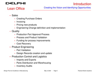 Introduction
                                                 Creating the Vision and Identifying Opportunities
      Lean Office
          – Sales
                   »   Creating Purchase Orders
                   »   Invoicing
                   »   Pricing new products
                   »   Engineering Change definition and implementation
          – Quality
                   »   Production Part Approval Process
                   »   Process and Product Validation
                   »   Funding for process improvements
                   »   Cost Recovery
          – Product Engineering
                   » Part Validation
                   » Design Records creation and update
          – Production Control and Logistics
                   » Imports and Exports
                   » Parts Distribution and Warehousing
                   » Inventory Audits

Shingo Prize for Excellence in Manufacturing      May of 2003   - Page 5            Packard Electric Systems
 