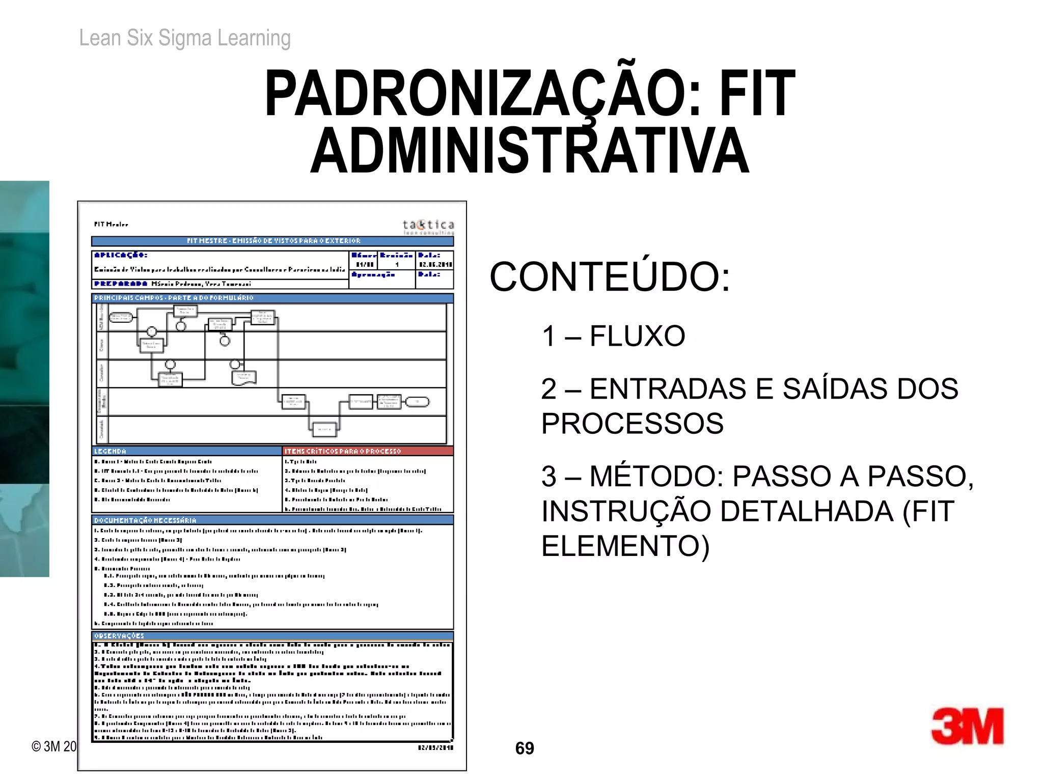 Lean Six Sigma Learning


                                  PADRONIZAÇÃO: FIT
                                   ADMINISTRATIVA
                                         CONTEÚDO:
                                               1 – FLUXO
                                               2 – ENTRADAS E SAÍDAS DOS
                                               PROCESSOS
                                               3 – MÉTODO: PASSO A PASSO,
                                               INSTRUÇÃO DETALHADA (FIT
                                               ELEMENTO)




© 3M 2008. All Rights Reserved.           69
 