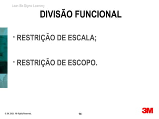 Lean Six Sigma Learning


                                  DIVISÃO FUNCIONAL

            RESTRIÇÃO DE ESCALA;

            RESTRIÇÃO DE ESCOPO.




© 3M 2008. All Rights Reserved.           14
 