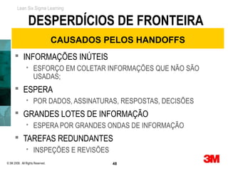 Lean Six Sigma Learning


                 DESPERDÍCIOS DE FRONTEIRA
                                  CAUSADOS PELOS HANDOFFS
       INFORMAÇÕES INÚTEIS
                    ESFORÇO EM COLETAR INFORMAÇÕES QUE NÃO SÃO
                     USADAS;
       ESPERA
                    POR DADOS, ASSINATURAS, RESPOSTAS, DECISÕES
       GRANDES LOTES DE INFORMAÇÃO
                    ESPERA POR GRANDES ONDAS DE INFORMAÇÃO
       TAREFAS REDUNDANTES
                    INSPEÇÕES E REVISÕES
© 3M 2008. All Rights Reserved.             48
 