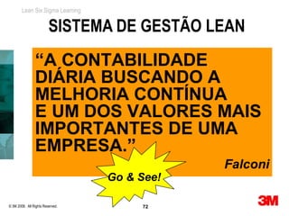 Lean Six Sigma Learning


                         SISTEMA DE GESTÃO LEAN
                “A CONTABILIDADE
                DIÁRIA BUSCANDO A
                MELHORIA CONTÍNUA
                E UM DOS VALORES MAIS
                IMPORTANTES DE UMA
                EMPRESA.”
                                              Falconi
                                  Go & See!

© 3M 2008. All Rights Reserved.        72
 