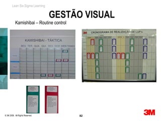 Lean Six Sigma Learning


                                  GESTÃO VISUAL
           Kamishibai – Routine control




© 3M 2008. All Rights Reserved.           82
 