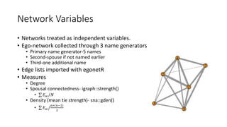 Network Variables
• Networks treated as independent variables.
• Ego-network collected through 3 name generators
• Primary...