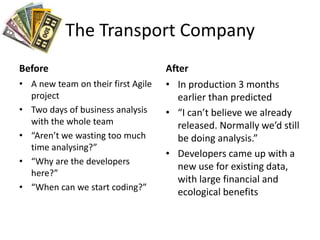 The Transport Company<br />Before<br />A new team on their first Agile project<br />Two days of business analysis with the...