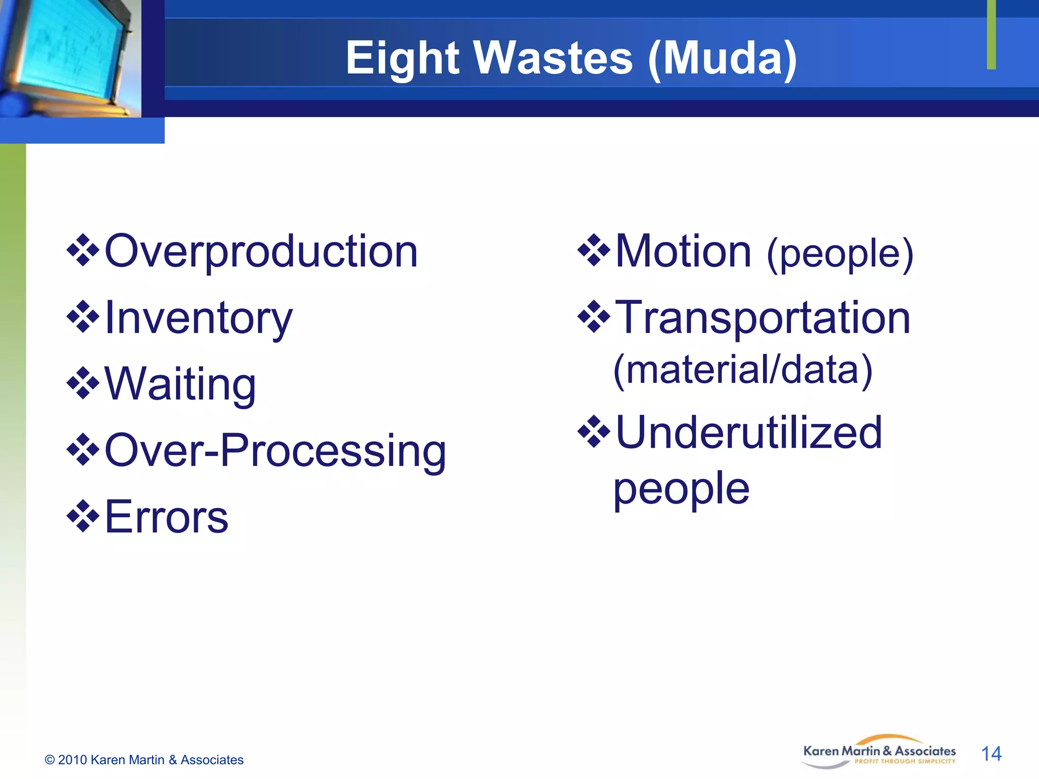 Eight Wastes (Muda)

Overproduction
Inventory
Waiting
Over-Processing
Errors

© 2010 Karen Martin & Associates

Motion (people)
Transportation
(material/data)

Underutilized
people

14

 
