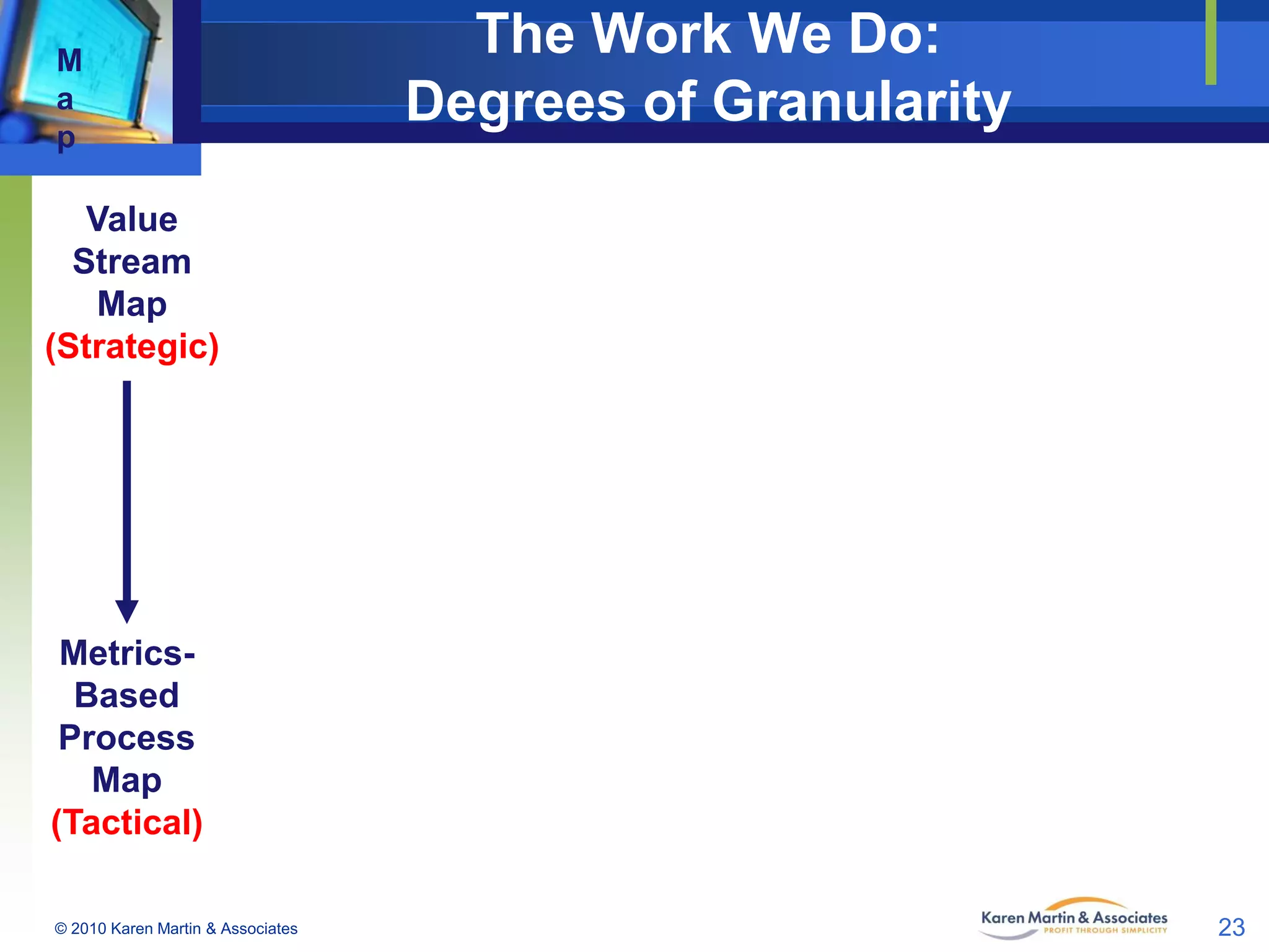 M
a
p

The Work We Do:
Degrees of Granularity

Value
Stream
Map
(Strategic)

MetricsBased
Process
Map
(Tactical)
© 2010 Karen Martin & Associates

23

 