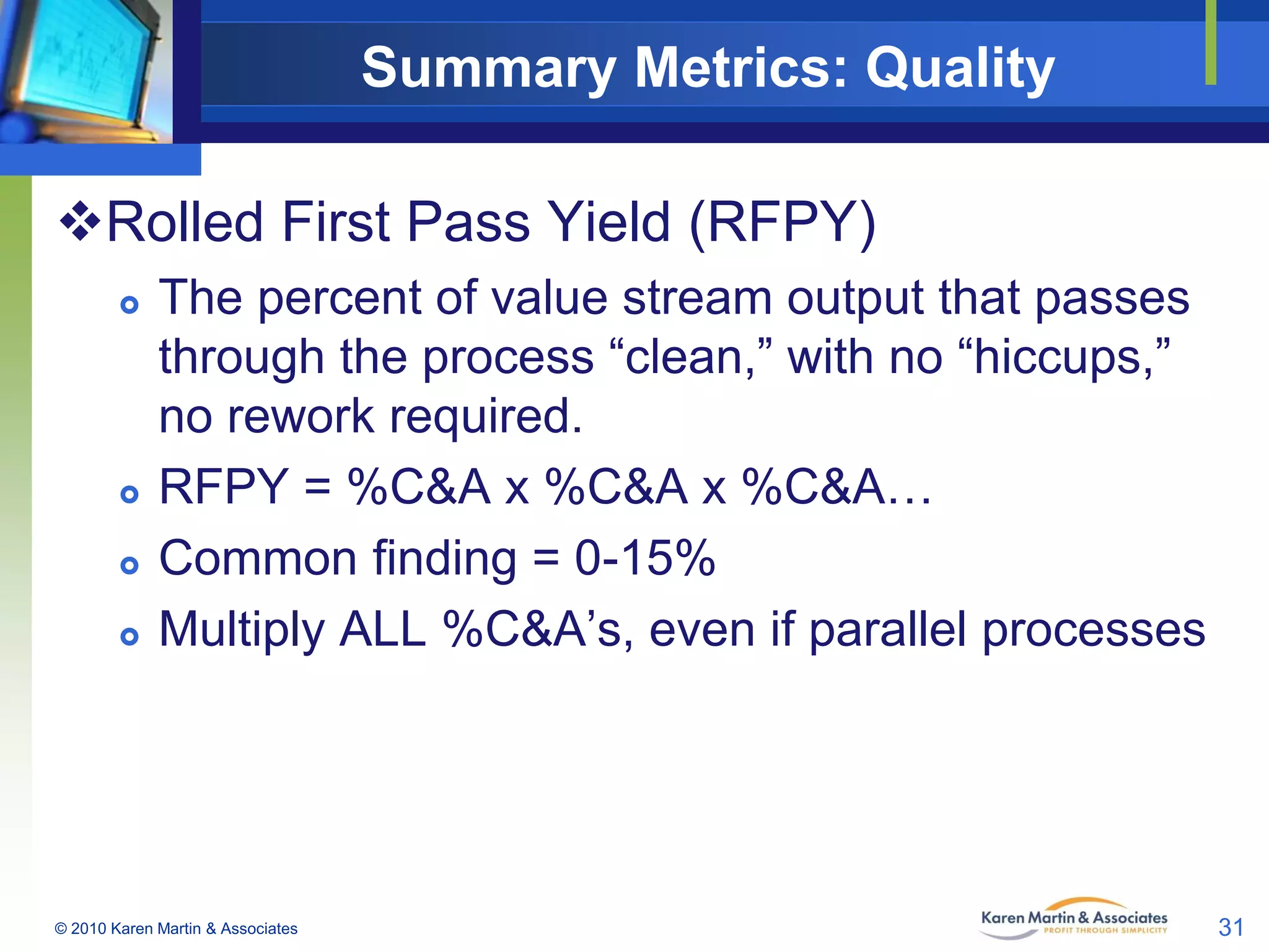 Summary Metrics: Quality
Rolled First Pass Yield (RFPY)







The percent of value stream output that passes
through the process “clean,” with no “hiccups,”
no rework required.
RFPY = %C&A x %C&A x %C&A…
Common finding = 0-15%
Multiply ALL %C&A’s, even if parallel processes

© 2010 Karen Martin & Associates

31

 