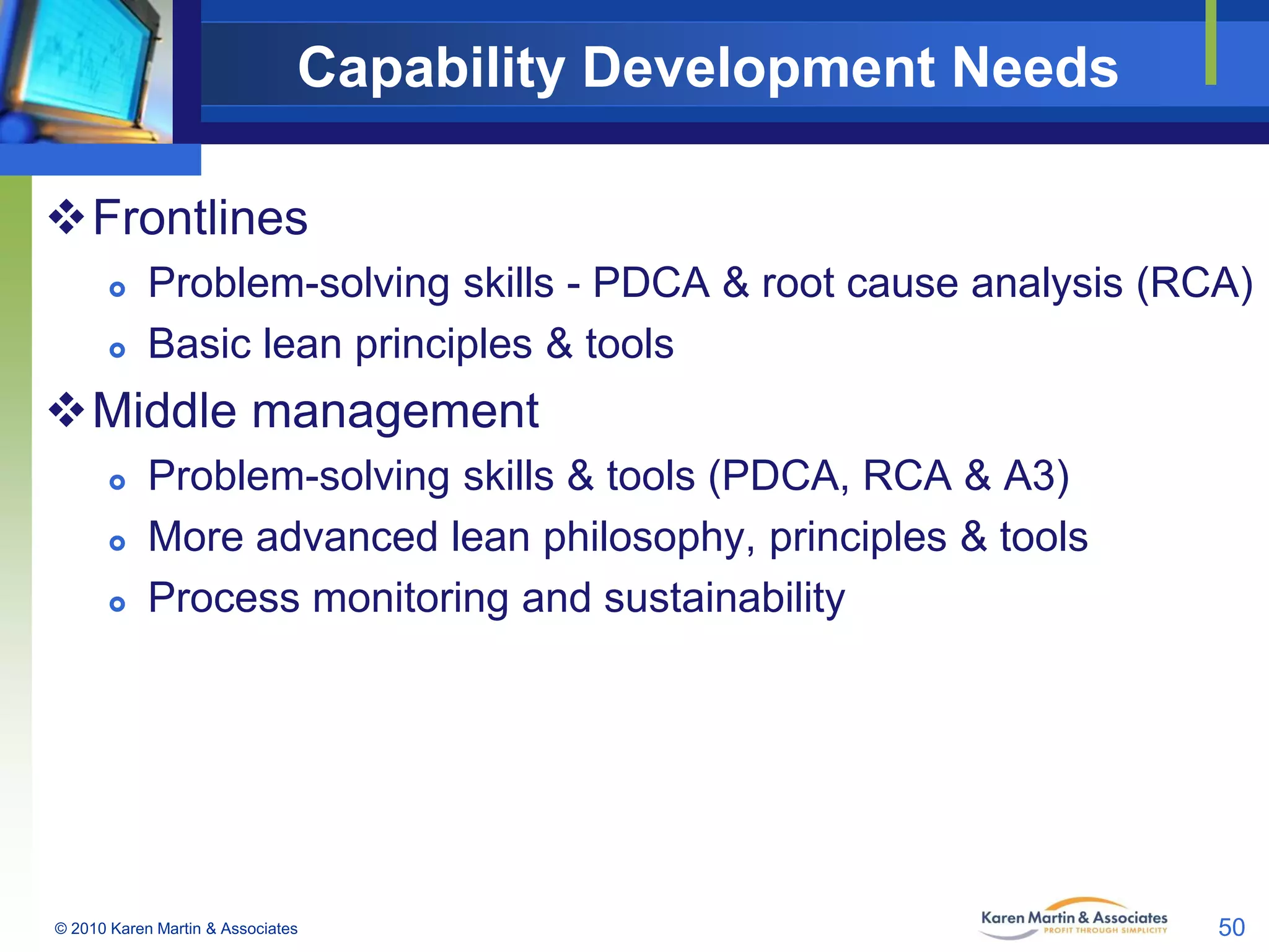 Capability Development Needs
Frontlines



Problem-solving skills - PDCA & root cause analysis (RCA)
Basic lean principles & tools

Middle management




Problem-solving skills & tools (PDCA, RCA & A3)
More advanced lean philosophy, principles & tools
Process monitoring and sustainability

© 2010 Karen Martin & Associates

50

 