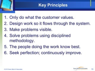 Key Principles
1.
2.
3.
4.

Only do what the customer values.
Design work so it flows through the system.
Make problems visible.
Solve problems using disciplined
methodology.
5. The people doing the work know best.
6. Seek perfection; continuously improve.

© 2010 Karen Martin & Associates

10

 