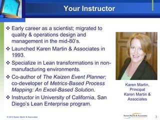 Your Instructor
 Early career as a scientist; migrated to
quality & operations design and
management in the mid-80’s.
 Launched Karen Martin & Associates in
1993.
 Specialize in Lean transformations in nonmanufacturing environments.
 Co-author of The Kaizen Event Planner;
co-developer of Metrics-Based Process
Mapping: An Excel-Based Solution.
 Instructor in University of California, San
Diego’s Lean Enterprise program.
© 2010 Karen Martin & Associates

Karen Martin,
Principal
Karen Martin &
Associates

3

 
