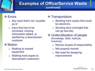 Examples of Office/Service Waste
(continued)

 Errors




 Sending hard copies that could
Any input that’s not “usuabl...