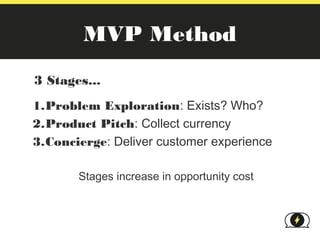MVP Method
3 Stages...
1.Problem Exploration: Exists? Who?
2.Product Pitch: Collect currency
3.Concierge: Deliver customer experience

       Stages increase in opportunity cost
 