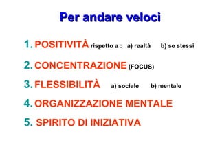 Per andare veloci 2.   CONCENTRAZIONE   (FOCUS) 1.   POSITIVIT À   rispetto a :  a) realtà  b) se stessi 3.   FLESSIBILIT À   a) sociale  b) mentale 4.   ORGANIZZAZIONE MENTALE 5.  SPIRITO DI INIZIATIVA 