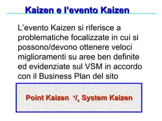 Kaizen e l’evento Kaizen  L’evento Kaizen si riferisce a problematiche focalizzate in cui si possono/devono ottenere veloci miglioramenti su aree ben definite ed evidenziate sul VSM in accordo con il Business Plan del sito Point Kaizen  v / s  System Kaizen 