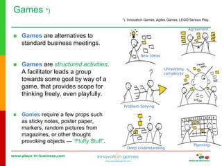 www.plays-in-business.com
www.innovationgames.com
Games *)
 Games are alternatives to
standard business meetings.
 Games are structured activities.
A facilitator leads a group
towards some goal by way of a
game, that provides scope for
thinking freely, even playfully.
 Games require a few props such
as sticky notes, poster paper,
markers, random pictures from
magazines, or other thought
provoking objects ― “Fluffy Stuff”.
New Ideas
Agreement
Problem Solving
Planning
Deep Understanding
Unraveling
complexity
*) Innovation Games, Agiles Games, LEGO Serious Play
 