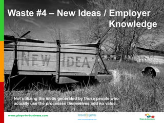 www.plays-in-business.com
www.innovationgames.com
www.innovationgames.com
Waste #4 – New Ideas / Employer
Knowledge
Not utilizing the ideas generated by those people who
actually use the processes themselves add no value.
 