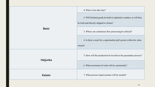 Basic
1. What is the takt time?
2. Will finished goods be built to replenish a market, or will they
be built and directly shipped to clients?
3. Where can continuous flow processing be utilized?
4. Is there a need for a supermarket pull system within the value
stream?
Heijunka
5. How will the production be leveled at the pacemaker process?
6. What increment of work will be consistently?
Kaizen 7. What process improvements will be needed?
13
 