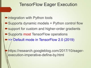 TensorFlow Eager Execution
integration with Python tools
Supports dynamic models + Python control flow
support for custom and higher-order gradients
Supports most TensorFlow operations
=> Default mode in TensorFlow 2.0 (2019)
https://research.googleblog.com/2017/10/eager-
execution-imperative-define-by.html
 