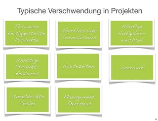 Typische Verschwendung in Projekten

  Teilweise                        Häufige
fertiggestellte   Überflüssiger   Aufgaben-
  Produkte        Formalismus      wechsel


  Unnötige
  Produkt-        Wartezeiten      Leerlauf
  features



 Unentdeckte       Management
   Fehler           Overhead

                                              10
 