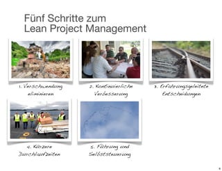 Fünf Schritte zum
 Lean Project Management




1. Verschwendung   2. Kontinuierliche   3. Erfahrungsgeleitete
    eliminieren      Verbesserung           Entscheidungen




  4. Kürzere       5. Führung und
Durchlaufzeiten    Selbststeuerung

                                                                 8
 