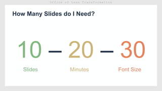 How Many Slides do I Need?
10 – 20 – 30
Slides Minutes Font Size
 