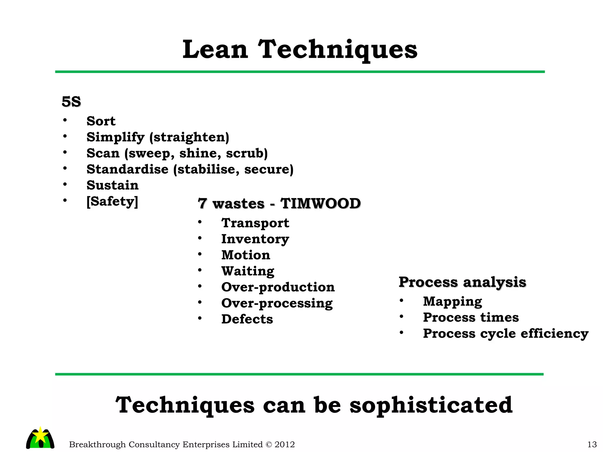 Lean Techniques Techniques can be sophisticated  7 wastes - TIMWOOD Transport Inventory Motion Waiting Over-production Over-processing Defects 5S Sort Simplify (straighten) Scan (sweep, shine, scrub) Standardise (stabilise, secure) Sustain [Safety] Process analysis Mapping Process times Process cycle efficiency 