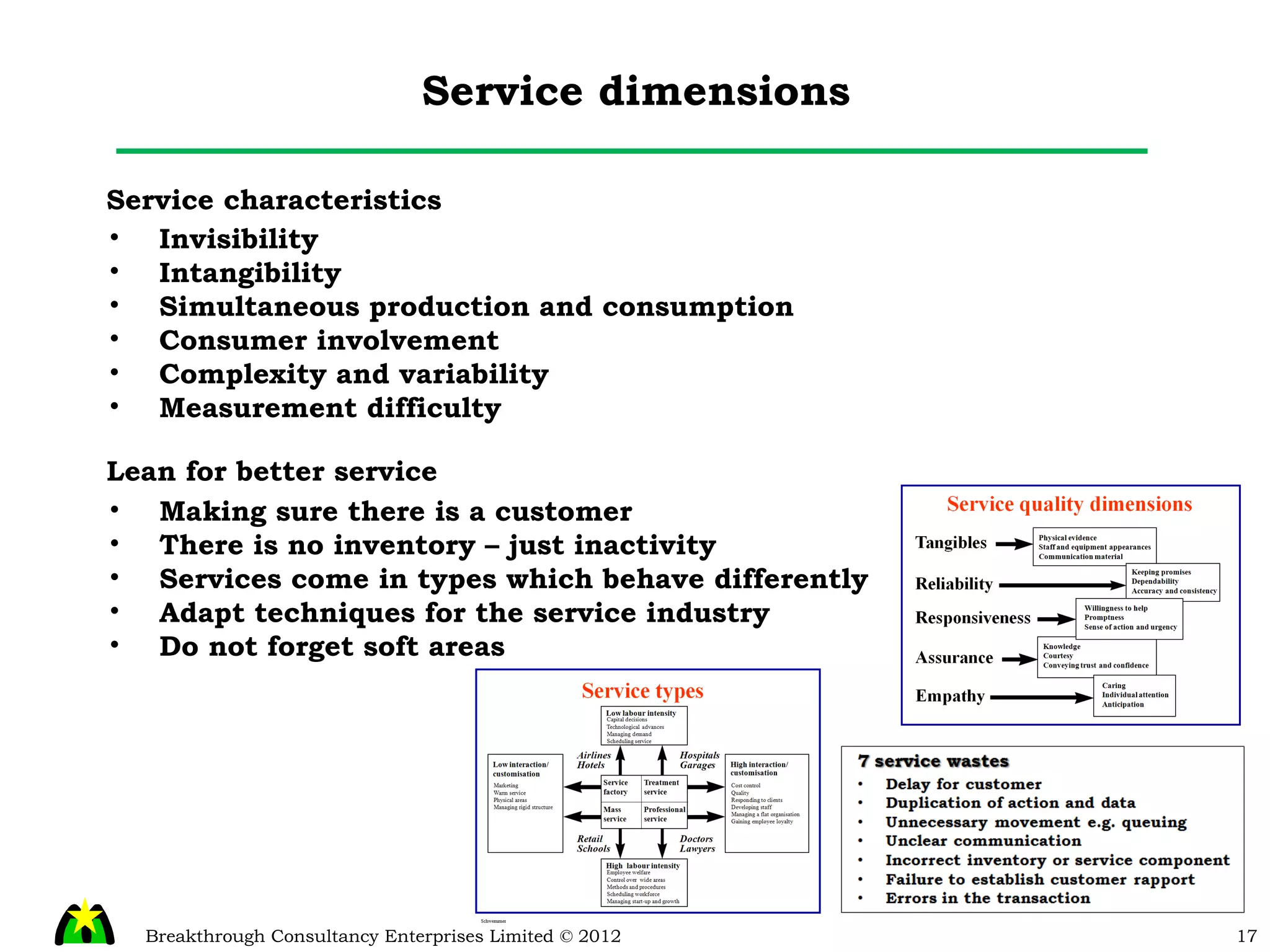 Service dimensions Service characteristics Invisibility  Intangibility Simultaneous production and consumption  Consumer involvement  Complexity and variability  Measurement difficulty  Lean for better service Making sure there is a customer There is no inventory – just inactivity Services come in types which behave differently Adapt techniques for the service industry Do not forget soft areas 