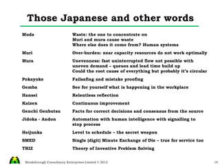 Those Japanese and other words Muda Waste: the one to concentrate on Muri and mura cause waste Where else does it come from? Human systems Muri Over-burden: near capacity resources do not work optimally Mura Unevenness: fast uninterrupted flow not possible with uneven demand – queues and lead time build up Could the root cause of everything but probably it’s circular Gemba See for yourself what is happening in the workplace Heijunka Level to schedule – the secret weapon SMED Single (digit) Minute Exchange of Die – true for service too Pokayoke Failsafing and mistake proofing Genchi Genbutsu Facts for correct decisions and consensus from the source Hansei Relentless reflection Kaizen Continuous improvement TRIZ Theory of Inventive Problem Solving Jidoka - Andon Automation with human intelligence with signalling to stop process 