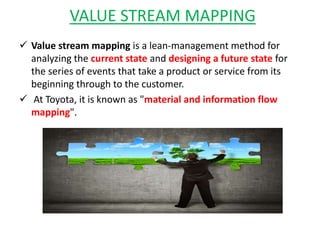 VALUE STREAM MAPPING
 Value stream mapping is a lean-management method for
analyzing the current state and designing a future state for
the series of events that take a product or service from its
beginning through to the customer.
 At Toyota, it is known as "material and information flow
mapping".
 