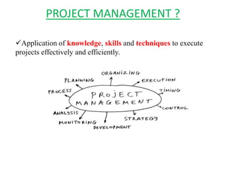 PROJECT MANAGEMENT ?
Application of knowledge, skills and techniques to execute
projects effectively and efficiently.
 