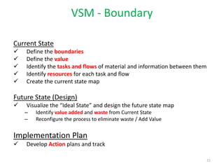 21
VSM - Boundary
Current State
 Define the boundaries
 Define the value
 Identify the tasks and flows of material and information between them
 Identify resources for each task and flow
 Create the current state map
Future State (Design)
 Visualize the “Ideal State” and design the future state map
– Identify value added and waste from Current State
– Reconfigure the process to eliminate waste / Add Value
Implementation Plan
 Develop Action plans and track
 