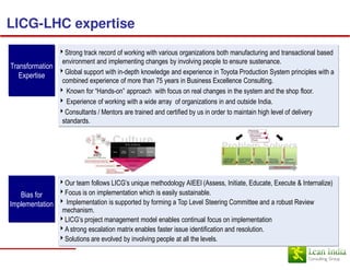LICG-LHC expertise
                 4Strong track record of working with various organizations both manufacturing and transactional based
                  environment and implementing changes by involving people to ensure sustenance.
Transformation
               4Global support with in-depth knowledge and experience in Toyota Production System principles with a
   Expertise
                  combined experience of more than 75 years in Business Excellence Consulting.
                 4 Known for “Hands-on” approach with focus on real changes in the system and the shop floor.
                 4 Experience of working with a wide array of organizations in and outside India.
                 4Consultants / Mentors are trained and certified by us in order to maintain high level of delivery
                  standards.




               4Our team follows LICG’s unique methodology AIEEI (Assess, Initiate, Educate, Execute & Internalize)
   Bias for    4Focus is on implementation which is easily sustainable.
Implementation 4 Implementation is supported by forming a Top Level Steering Committee and a robust Review
                  mechanism.
                 4LICG’s project management model enables continual focus on implementation
                 4A strong escalation matrix enables faster issue identification and resolution.
                 4Solutions are evolved by involving people at all the levels.
 