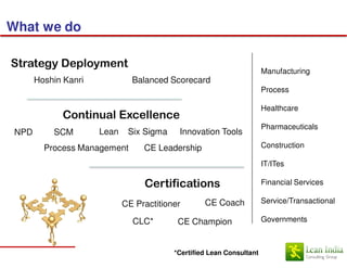 What we do

Strategy Deployment
                                                                       Manufacturing
       Hoshin Kanri            Balanced Scorecard
                                                                       Process

                                                                       Healthcare
             Continual Excellence
                                                                       Pharmaceuticals
 NPD       SCM        Lean    Six Sigma    Innovation Tools
         Process Management       CE Leadership                        Construction

                                                                       IT/ITes

                                  Certifications                       Financial Services

                             CE Practitioner       CE Coach            Service/Transactional

                               CLC*        CE Champion                 Governments



                                          *Certified Lean Consultant
 
