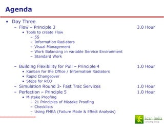 Agenda
• Day Three
   – Flow – Principle 3                                       3.0 Hour
       • Tools to create Flow
           – 5S
           – Information Radiators
           – Visual Management
           – Work Balancing in variable Service Environment
           – Standard Work

   – Building Flexibility for Pull – Principle 4              1.0 Hour
       • Kanban for the Office / Information Radiators
       • Rapid Changeover
       • Steps for RCO
   – Simulation Round 3- Fast Trac Services                   1.0 Hour
   – Perfection – Principle 5                                 1.0 Hour
       • Mistake Proofing
           – 21 Principles of Mistake Proofing
           – Checklists
           – Using FMEA (Failure Mode & Effect Analysis)
 