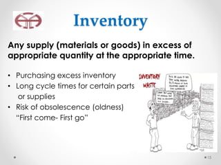 Inventory
Any supply (materials or goods) in excess of
appropriate quantity at the appropriate time.
• Purchasing excess inventory
• Long cycle times for certain parts
or supplies
• Risk of obsolescence (oldness)
“First come- First go”
15
 