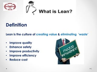 Definition
Lean is the culture of creating value & eliminating ‘waste’
• Improve quality
• Enhance safety
• Improve productivity
• Improve efficiency
• Reduce cost
2
 