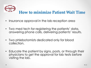 How to minimize Patient Wait Time
• Insurance approval in the lab reception area
• Two med tech for registering the patients’ data,
answering phone calls, delivering patients’ results.
• Two phlebotomists dedicated only for blood
collection.
• Educate the patient by signs, posts, or through their
physicians to get the approval for lab tests before
visiting the lab.
25
 
