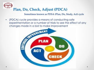 Plan, Do, Check, Adjust (PDCA)
Sometimes known as PDSA (Plan, Do, Study, Act) cycle
• (PDCA) cycle provides a means of conducting safe
experimentation or a number of trials to see the effect of any
changes made in a bid to make improvement
 