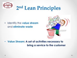 2nd Lean Principles
• Identify the value stream
and eliminate waste
• Value Stream: A set of activities necessary to
bring a service to the customer
6
 