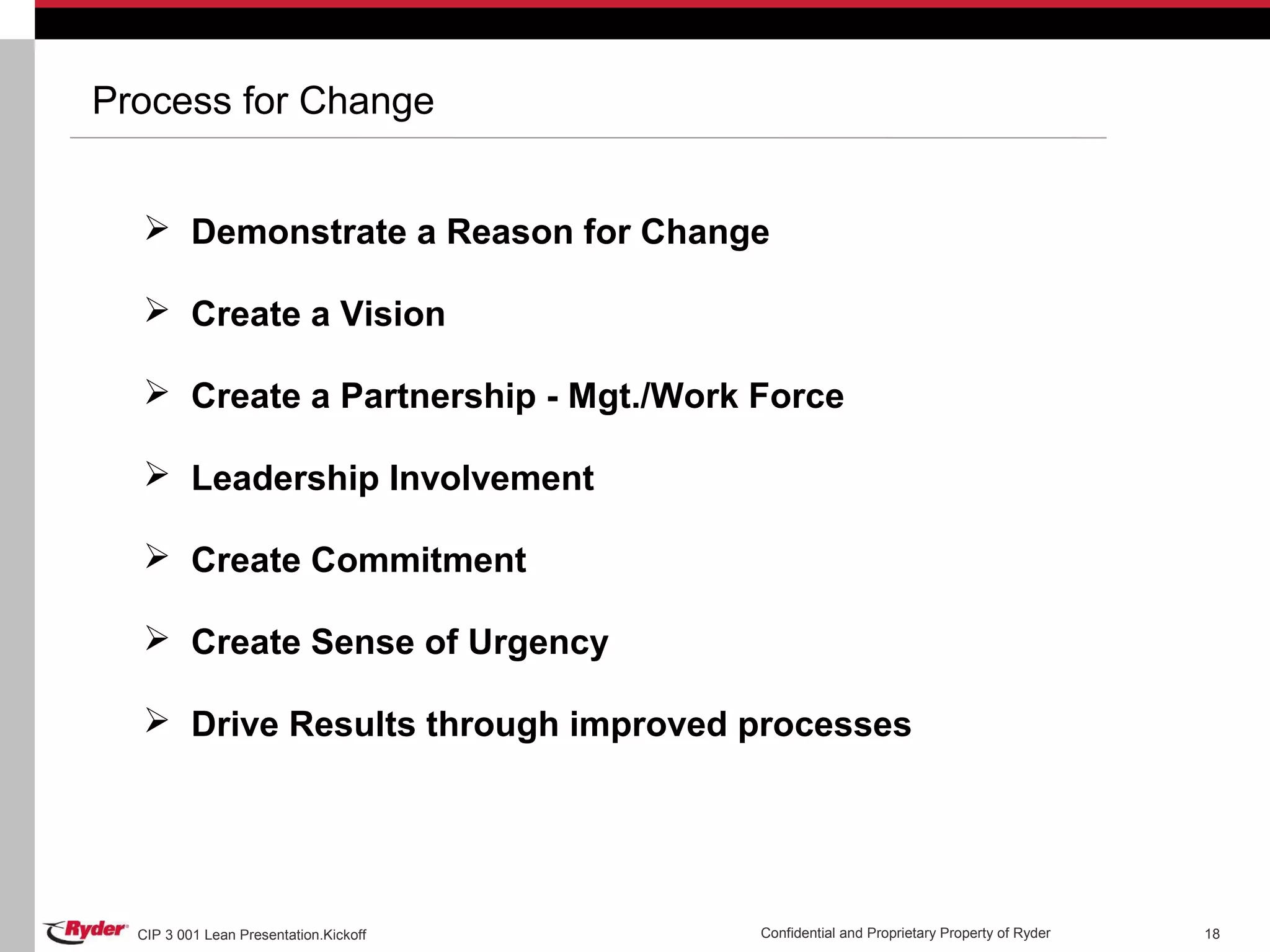 CIP 3 001 Lean Presentation.Kickoff Confidential and Proprietary Property of Ryder 18
Process for Change
 Demonstrate a Reason for Change
 Create a Vision
 Create a Partnership - Mgt./Work Force
 Leadership Involvement
 Create Commitment
 Create Sense of Urgency
 Drive Results through improved processes
 
