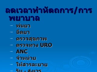 ลดเวลาทำหัตถการ / การพยาบาล พ่นยา ฉีดยา ตรวจสุขภาพ ตรวจทาง  URO ANC จำหน่าย ให้สารละยาย รับ  -  ส่งเวร 